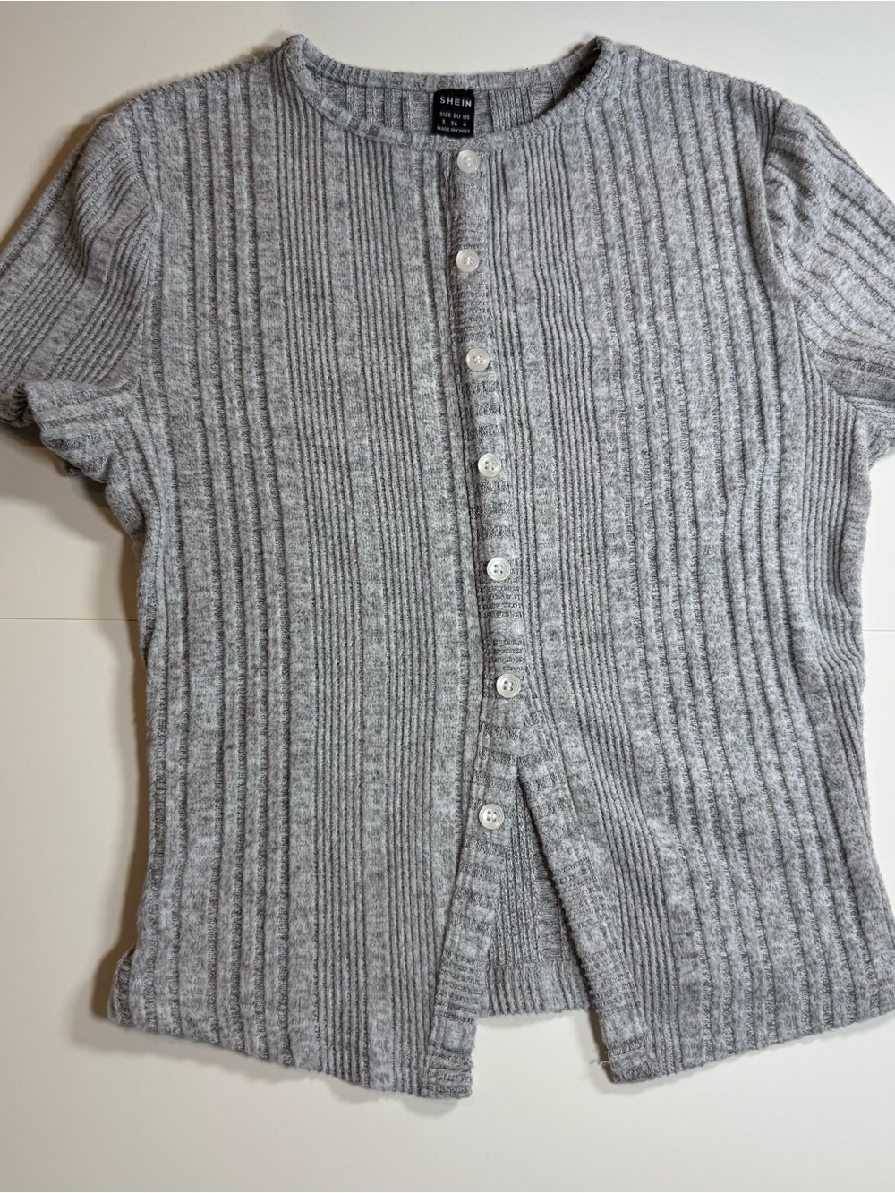 SHEIN Light Gray Ribbed Button-Front Short Sleeve Cardigan